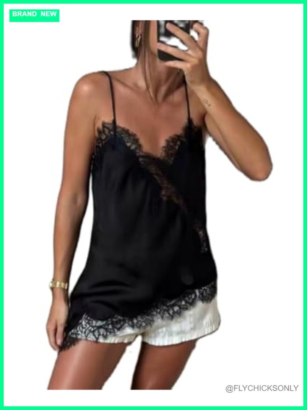 Satin Lace Trim Cami Top Silk V Neck Spaghetti Strap Tank Top Loose Going Out
